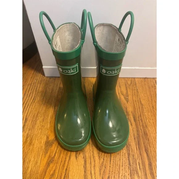 Oaki Nature Green Kids Rubber Rain Boots Size 10 Pull On Handles SD-23065 - Picture 1 of 7